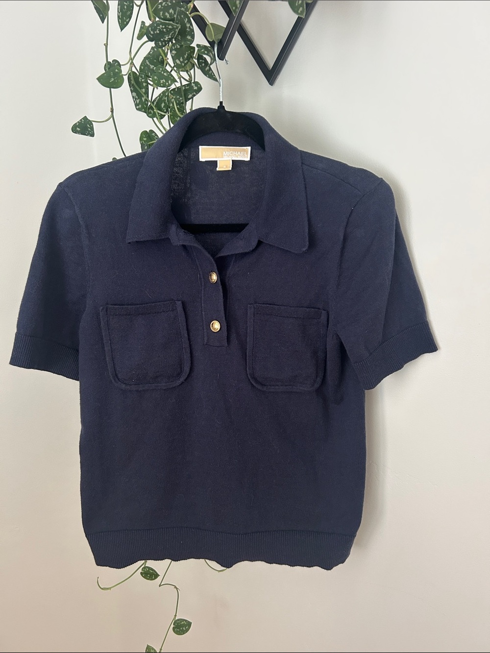 Michael Kors Navy Short-Sleeve Polo with Gold Buttons